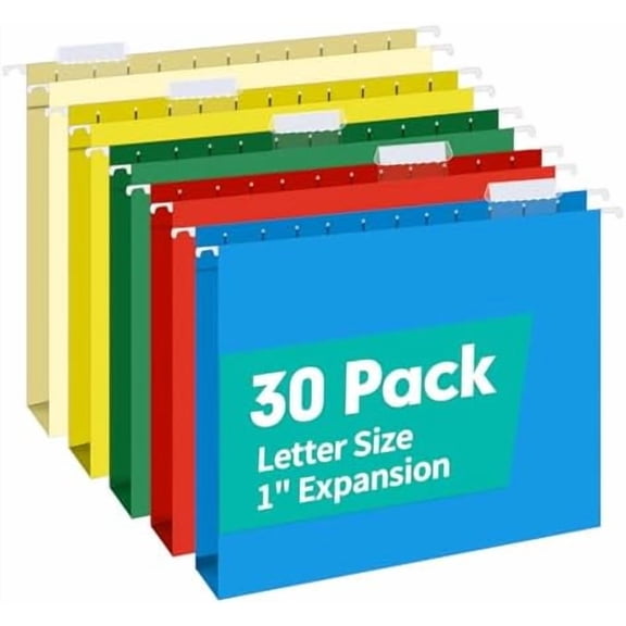 Extra Capacity Hanging File Folders, 30 Pack Reinforced Letter Size Hanging Folders with Heavy Duty 1 Inch Expansion, Designed for Bulky Files, Medical Charts, Assorted Colors