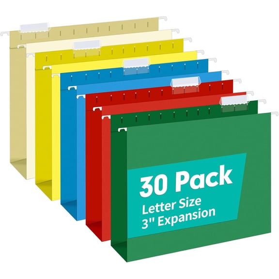 Extra Capacity Hanging File Folders, 30 Pack Reinforced Letter Size Hanging Folders with Heavy Duty 3 Inch Expansion, Designed for Bulky Files, Medical Charts, Adjustable Tabs, Assorted Colors