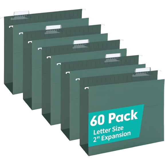 Extra Capacity Hanging File Folders, 60 Pack Reinforced Letter Size Hanging Folders with Heavy Duty 2 Inch Expansion, Designed for Bulky Files, Medical Charts, Green