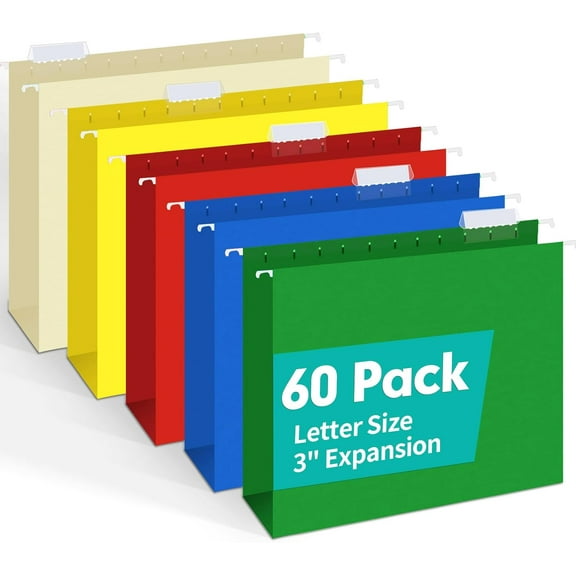 Extra Capacity Hanging File Folders, 60 Pack Reinforced Letter Size Hanging Folders with Heavy Duty 3 Inch Expansion, Designed for Bulky Files, Medical Charts, Adjustable Tabs, Assorted Colors