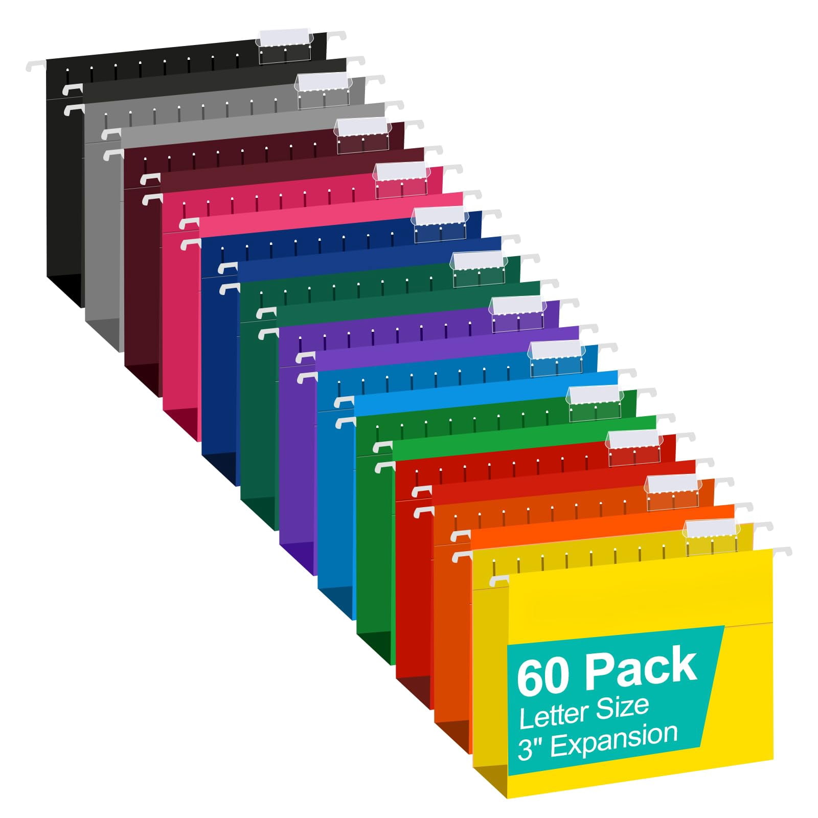Extra Capacity Hanging File Folders  60 Pack Reinforced Letter Size With Heavy Duty 3 Inch Expansion Designed For Bulky Files Charts 12 Assorted Colors