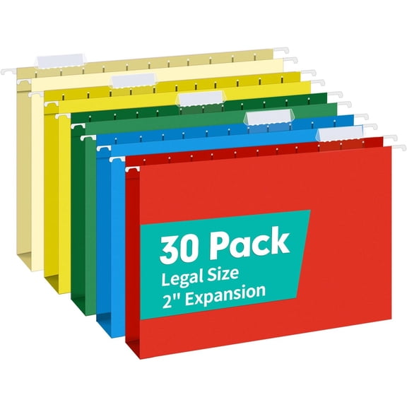 Extra Capacity Legal Size Hanging File Folders, 30 Pack Reinforced Legal Size Hanging Folders with Heavy Duty 2 Inch Expansion, Designed for Bulky Files, Medical Charts, Assorted Colors