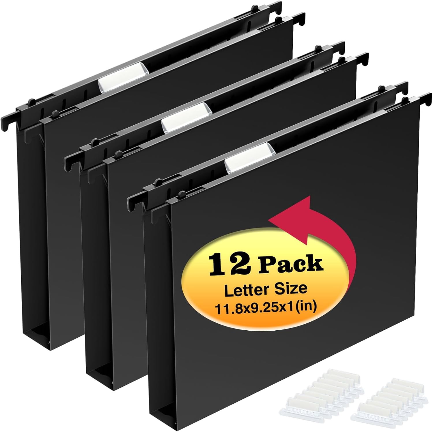 Extra Capacity Plastic Hanging File Folders,12 Pack Reinforced Hang Folder,Heavy Duty 1 Inch Expansion,Filing Cabinet Folders Letter Size for Bulk Files/Medical Charts, Black