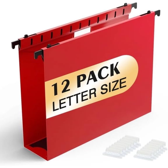 Extra Capacity Plastic Hanging File Folders,12 Pack Reinforced Hang Folders,Heavy Duty 2 Inch Expansion,Plastic Filing Cabinet Folders,Letter Size,for Bulk Files, Medical Charts,Red