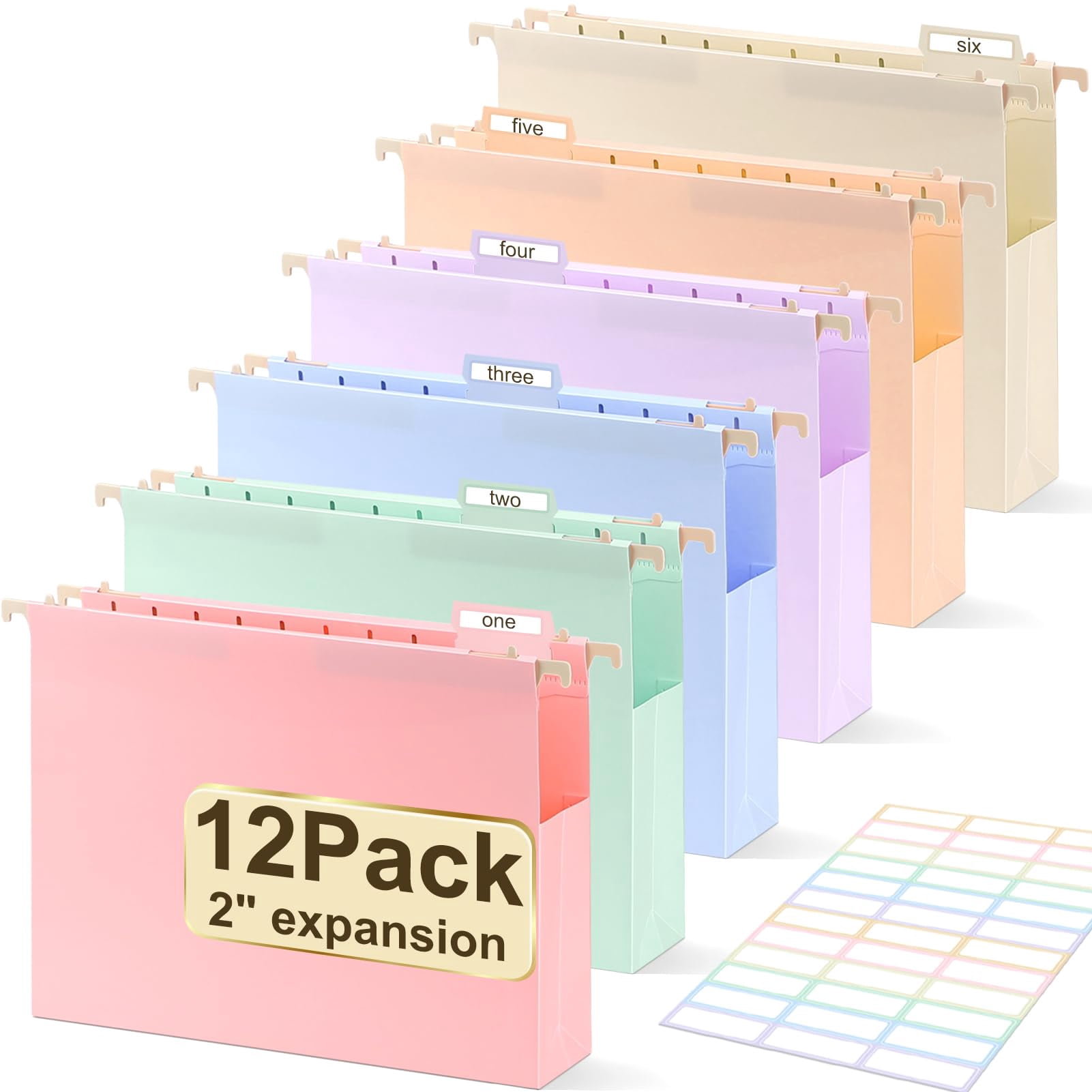 Extra Capacity Plastic Hanging File Folders Letter Size 12 Pack 2 Inch With Tabs Heavy Duty For Filing Cabinet Home And Office Pastel Colors
