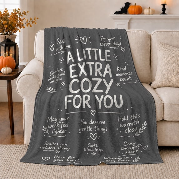 Extra Cozy for You Quote with Hearts, Calming Graphic Style for Self Care Fans, Gentle Comfort Message and Thank You Gift, Cozy Flannel Blanket for Bedroom and Reading Nook, Peaceful Home Decor