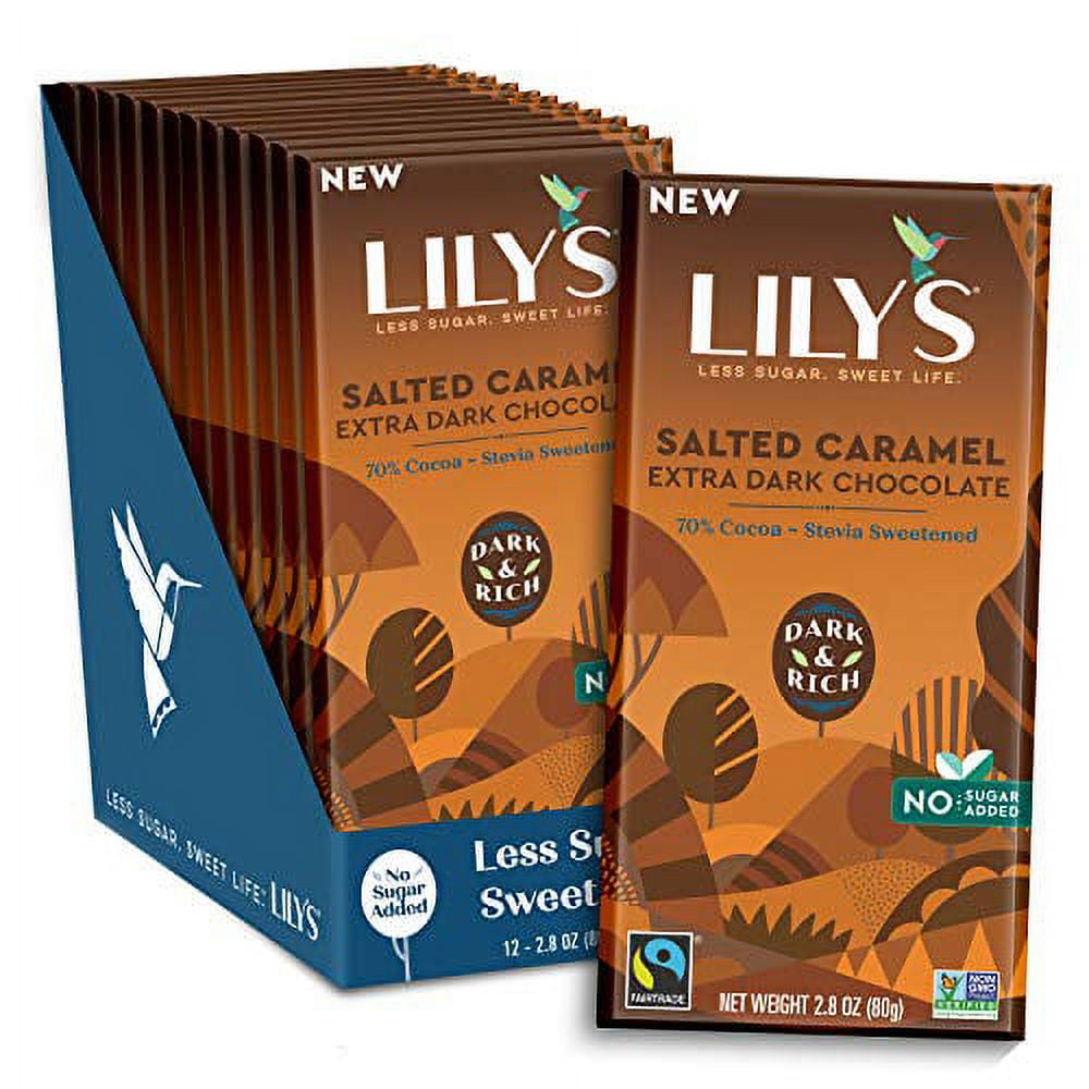 Extra Dark Salted Caramel Chocolate Bar By | Stevia Sweetened, No Added Sugar, Low-Carb, Keto Friendly | 70% Cocoa | Fair Trade, Gluten-Free & Non-Gmo | 2.8 Ounce, 12-Pack