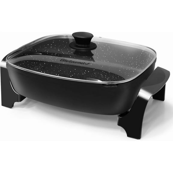 Extra Deep 16"x13"x3.2" (10.5Qt.) Scratch Resistant, Easy Pour Spout Dishwasher Safe, Non-stick Electric Skillet with Glass Vented Lid, Adjustable Temperature, Black