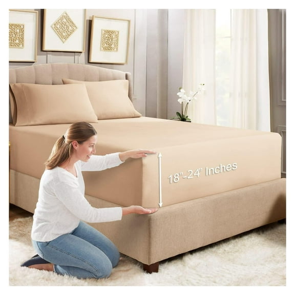 Extra Deep Fitted Sheet Set, 3Pc - King, Microfiber, Taupe Sand, Deep Pocket, Smart Corner Straps