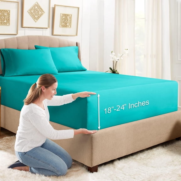 Extra Deep Fitted Sheets King Size - 24" Extra Deep Fitted Sheets with Bonus 2 Pillowcases - 3 Piece Extra Deep Fitted Bed Sheet - Extra Deep King Fitted Bed Sheets - Teal Blue