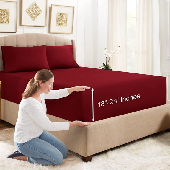 Extra Deep Fitted Sheets Twin XL Size - 24" Extra Deep Fitted Sheet with Bonus 1 Pillowcase - 2 Piece Set - Ruby Wine