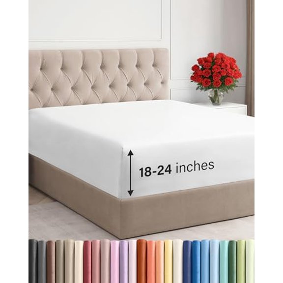 Extra Deep Full Fitted Sheet - Hotel Luxury Single Fitted Sheet Only - Easily Fits 18 inch to 24 inch Mattress - Ultra Soft, Wrinkle Free w/Extra Deep Pockets - Easy-Care, Breathable & Comfy - White
