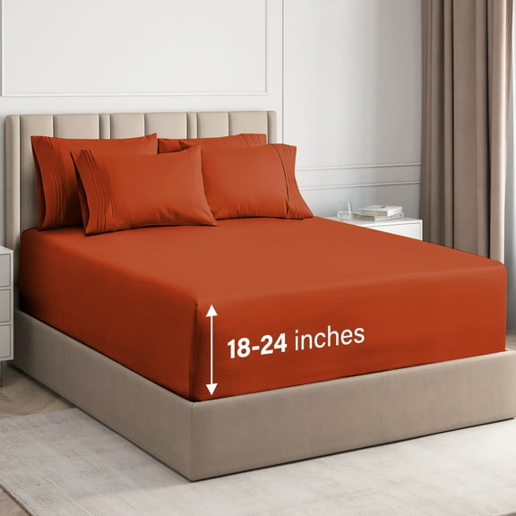 CGK Linens 6-Piece Extra Deep Pocket Sheet Set With Extra Matching Pillowcases - King Size Bed Sheets Fits 18"-24" Mattresses, Terracotta