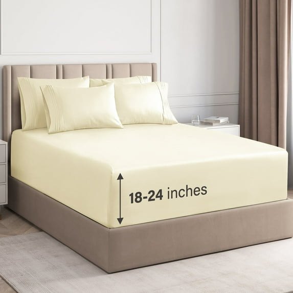 CGK Linens 6-Piece Extra Deep Pocket Sheet Set With Extra Matching Pillowcases - King Size Bed Sheets Fits 18"-24" Mattresses, Off White