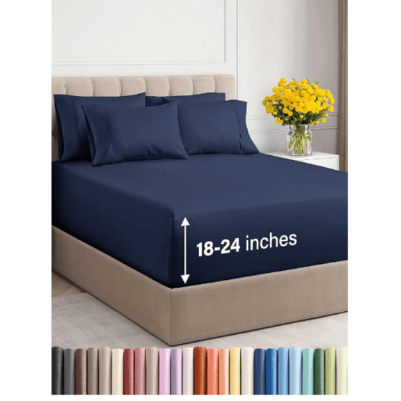 Extra Deep King Sheet Set - 6 Piece Breathable & Cooling Sheets - Hotel Luxury Bed Sheets Set - Easy & Secure Fit - Soft, Wrinkle Free & Comfy Sheets Set - Navy Blue Sheet Set with Extra Deep Pockets