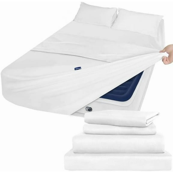 Extra Deep Pocket Air Mattress Twin Sheet Set White - 4 Piece Set Side Storage Pocket Fitted Sheet & Pillowcase & Flat Sheet - 16in to 24in Pillow Top Fits for Kids Air Bed Mattress