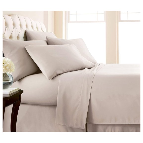 Extra Deep Pocket Bed Linen Set, Shrinkage Free Sheet Set with 1 Flat Sheet, 1 Fitted Sheet, 4 Pillowcases, 6 Pc, King, Bone