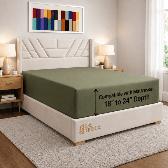 Extra Deep Pocket Fitted Sheet Elastic Corner Straps Fitted Sheet 18" - 24" Twin Size Olive Green Color