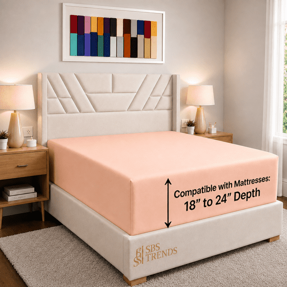 Extra Deep Pocket Fitted Sheet Elastic Corner Straps Fitted Sheet 18" - 24" Twin XL Size Peach Beige Color