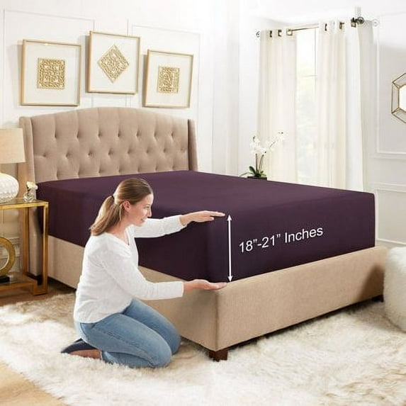 Extra Deep Pocket Fitted Sheet Elastic Corner Straps Fitted Sheets 18" - 21" California King Size Purple Eggplant Color