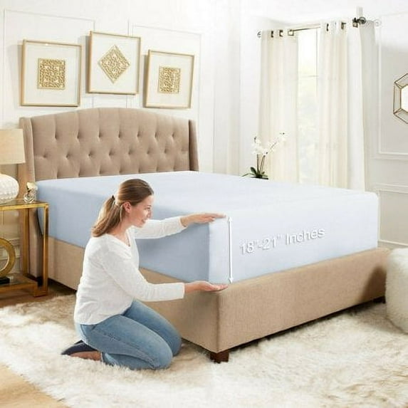 Extra Deep Pocket Fitted Sheet Elastic Corner Straps Fitted Sheets 18" - 21" King Size Ice Blue Color