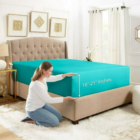 Extra Deep Pocket Fitted Sheet Elastic Corner Straps Fitted Sheets 18" - 21" King Size Teal Blue Color