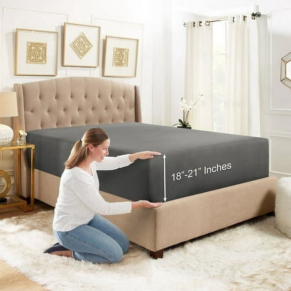 Extra Deep Pocket Fitted Sheet Elastic Corner Straps Fitted Sheets 18" - 21" Queen Size Charcoal Gray Color