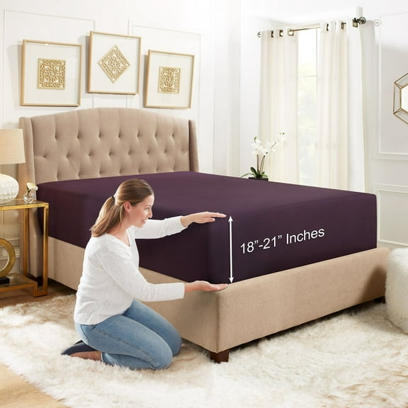Extra Deep Pocket Fitted Sheet Elastic Corner Straps Fitted Sheets 18" - 21" Queen Size Purple Eggplant Color