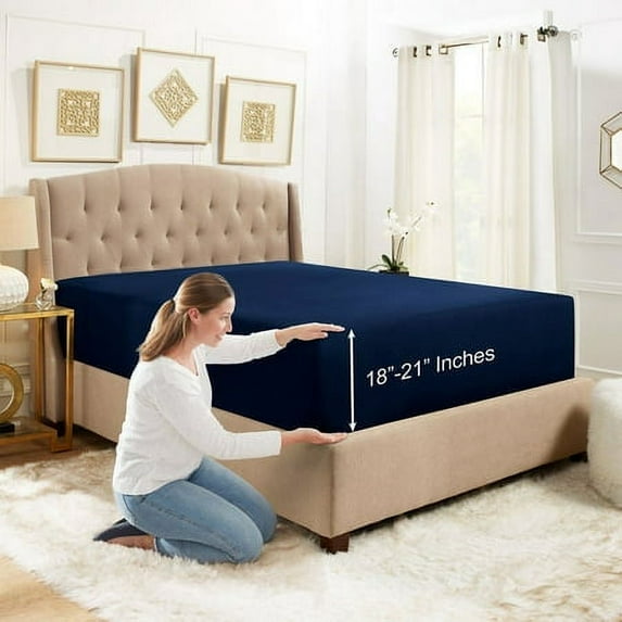 Extra Deep Pocket Fitted Sheet Elastic Corner Straps Fitted Sheets 18" - 21" Split King Size Navy Blue Color