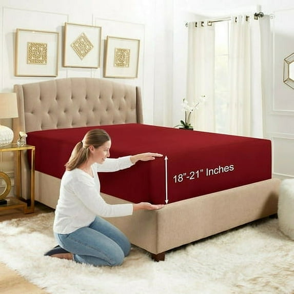 Extra Deep Pocket Fitted Sheet Elastic Corner Straps Fitted Sheets 18" - 21" Twin Size Burgundy Red Color