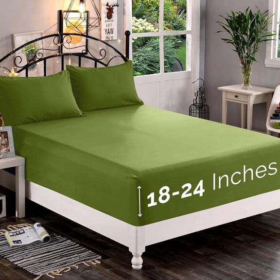 Extra Deep Pocket Fitted Sheet, Fits 18 In to 24 In Mattress, Single Fitted Sheet Only - Full Sage/Green