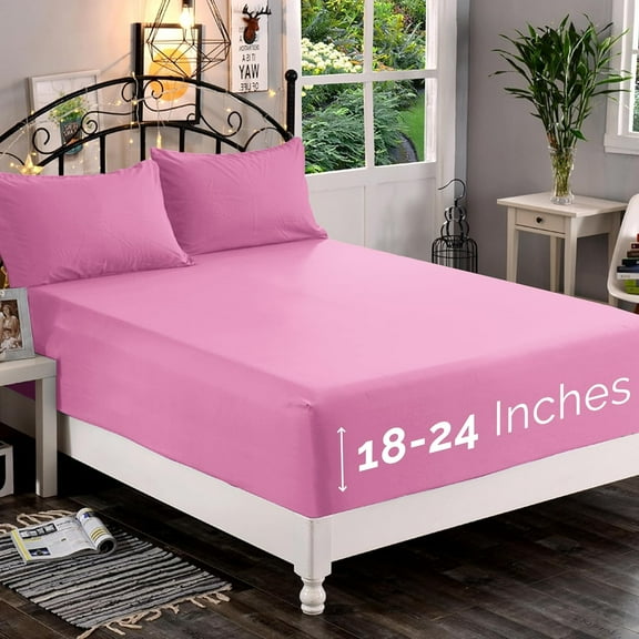 Extra Deep Pocket Fitted Sheet, Fits 18 In to 24 In Mattress, Single Fitted Sheet Only - King Light Pink