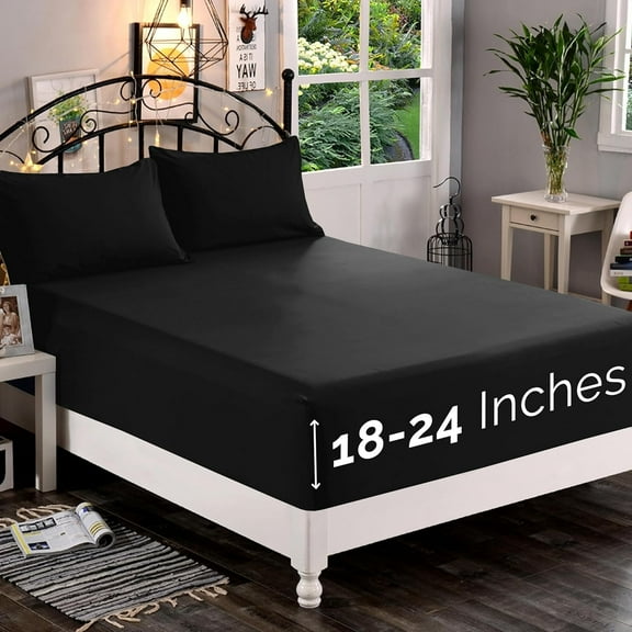 Extra Deep Pocket Fitted Sheet, Fits 18 In to 24 In Mattress, Single Fitted Sheet Only - Queen Black
