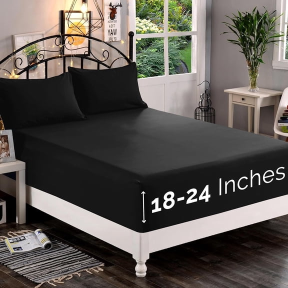 Extra Deep Pocket Fitted Sheet, Fits 18 In to 24 In Mattress, Single Fitted Sheet Only - Queen Black