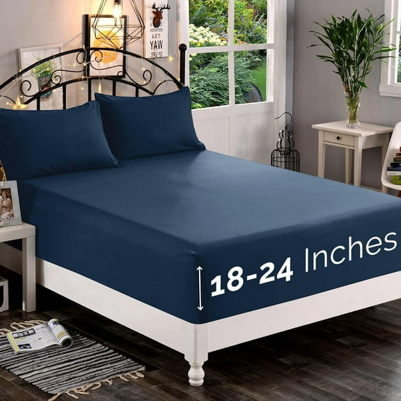 Extra Deep Pocket Fitted Sheet, Fits 18 In to 24 In Mattress, Single Fitted Sheet Only - California King Navy Blue