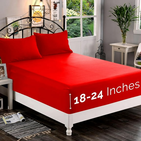 Extra Deep Pocket Fitted Sheet, Fits 18 In to 24 In Mattress, Single Fitted Sheet Only - California King Red