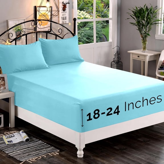 Extra Deep Pocket Fitted Sheet, Fits 18 In to 24 In Mattress, Single Fitted Sheet Only - Full Aqua Blue