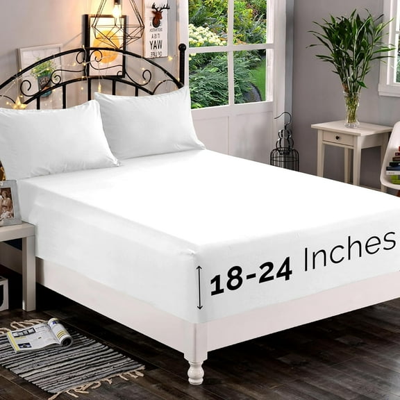 Extra Deep Pocket Fitted Sheet, Fits 18 In to 24 In Mattress, Single Fitted Sheet Only - King White