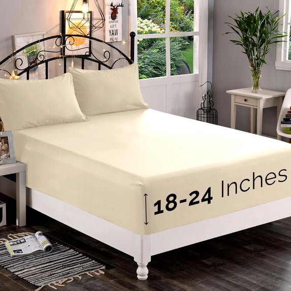Extra Deep Pocket Fitted Sheet, Fits 18 In to 24 In Mattress, Single Fitted Sheet Only - Twin/Twin XL Cream