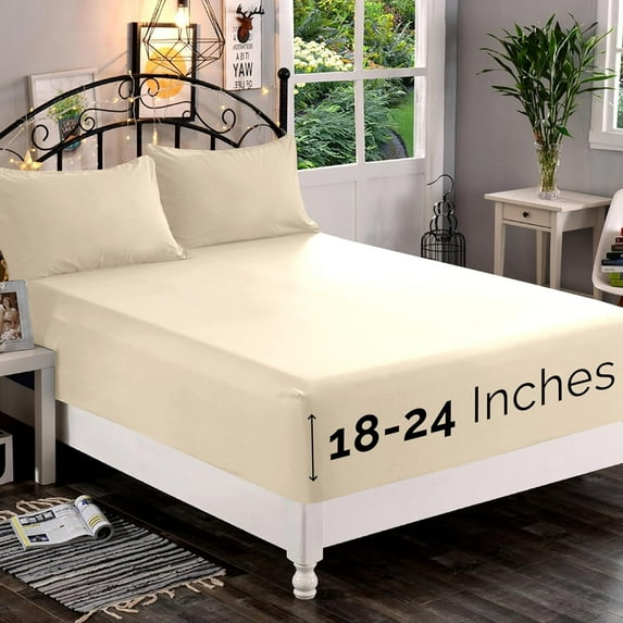 Extra Deep Pocket Fitted Sheet, Fits 18 In to 24 In Mattress, Single Fitted Sheet Only - Twin/Twin XL Cream