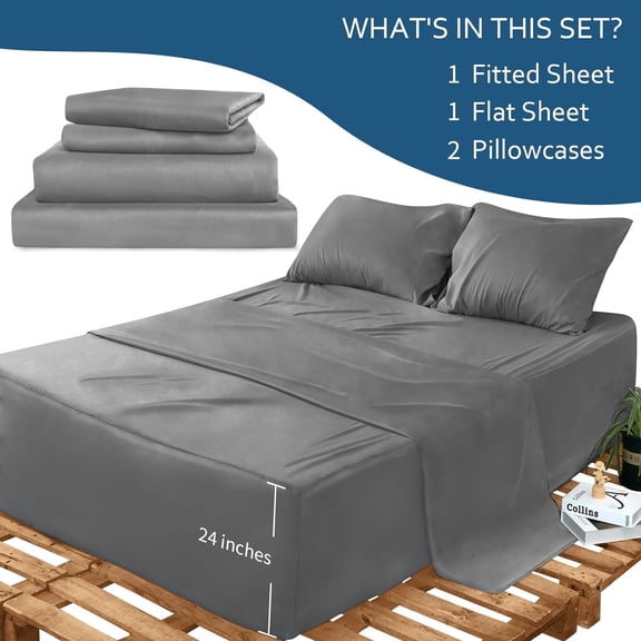 Extra Deep Pocket Full Sheet Set - Breathable & Extra Soft - Deep Pocket Full Size Sheet Sets - Easy Fit 16in to 24in Mattress - 4 Piece Set - Grey Bed Sheets Set