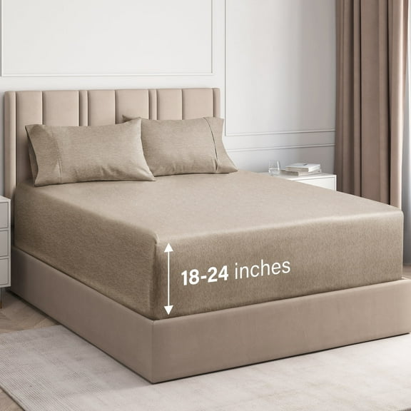 CGK Linens 4-Piece Extra Deep Pocket Sheet Set - King Size Breathable & Cooling Bed Sheets Fits 18"-24" Mattresses, Heathered Beige