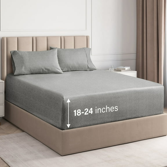 CGK Linens 4-Piece Extra Deep Pocket Sheet Set - King Size Breathable & Cooling Bed Sheets Fits 18"-24" Mattresses, Heathered Grey