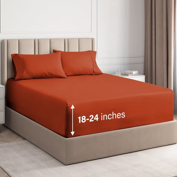 CGK Linens 4-Piece Extra Deep Pocket Sheet Set - Queen Size Breathable & Cooling Bed Sheets Fits 18"-24" Mattresses, Terracotta