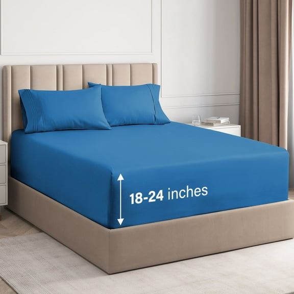 CGK Linens 4-Piece Extra Deep Pocket Sheet Set - Queen Size Breathable & Cooling Bed Sheets Fits 18"-24" Mattresses, Royal Blue