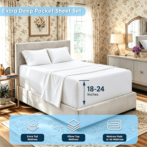 Extra Deep Pocket Sheet Sets Fit Mattresses Up To 18-24 Inches Made Of Ultra Soft Breathable Fabric