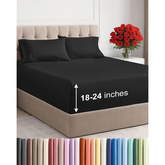 Extra Deep Queen 4 Piece Sheet Set Breathable Cooling Ultra Soft Wrinkle and Fade Free Black