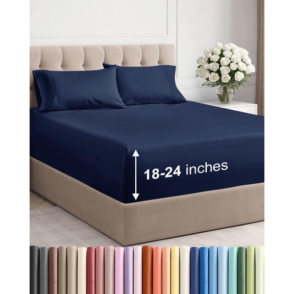 Extra Deep Queen 4 Piece Sheet Set Navy Blue Breathable Cooling Ultra Soft Wrinkle and Fade Free Fits 18 to 24 Inch Mattress