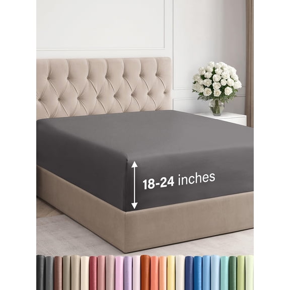 Extra Deep Queen Fitted Sheet - Hotel Luxury Single Fitted Sheet Only - Easily Fits 18 inch to 24 inch Mattress - Ultra Soft, Wrinkle & Fade Free w/Extra Deep Pockets - Breathable & Comfy - Dark Grey
