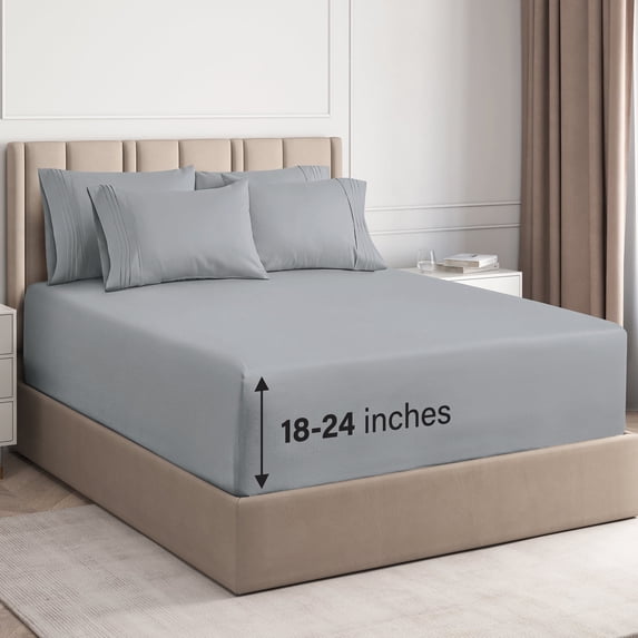 CGK Linens 6-Piece Extra Deep Pocket Sheet Set With Extra Matching Pillowcases - Queen Size Bed Sheets Fits 18"-24" Mattresses, Steel Blue
